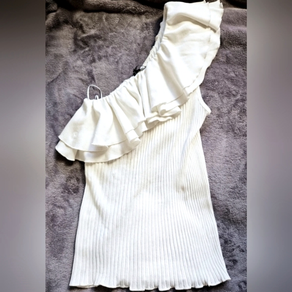 Balmain One-shoulder Ruffled Ribbed-knit Top Size 8 - Picture 6 of 12